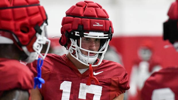 Razorbacks safety Hudson Clark at practice Monday morning at the indoor practice field